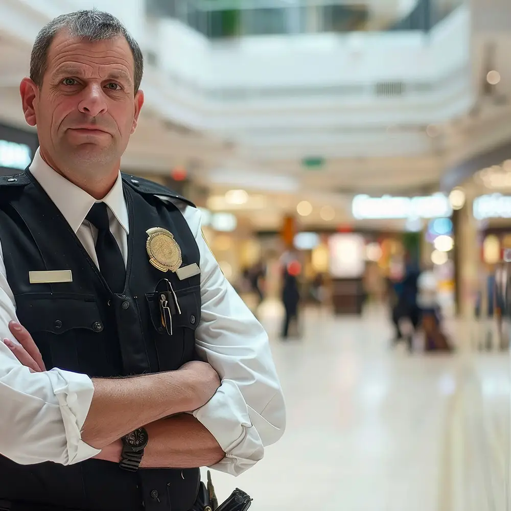 Ein Security-Mitarbeiter zeigt Präsenz in einem Gebäude