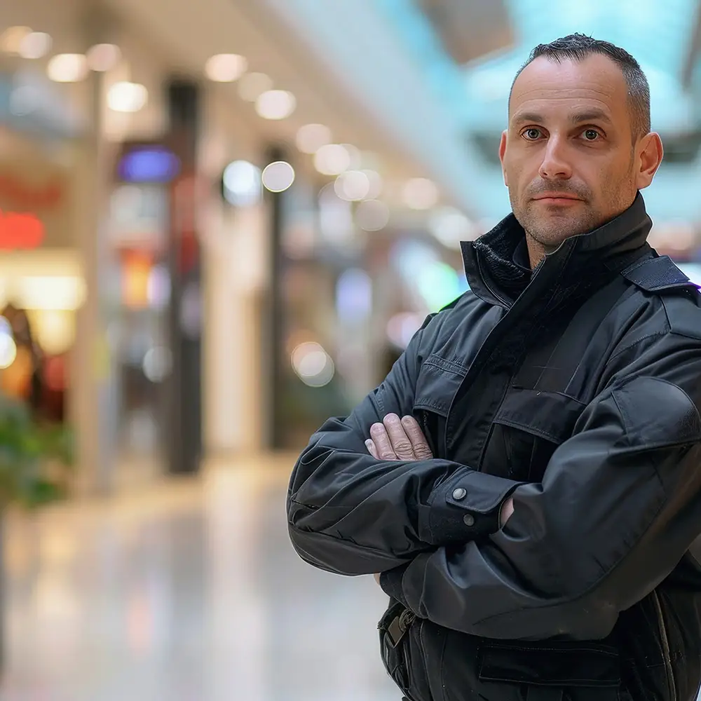 Ein Kaufhaus-Detektiv zeigt Präsenz in einem Einkaufscenter